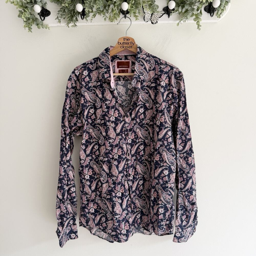 Mens Consequence Salmón Navy Western Paisley Button down Shirt Large Slim Fit